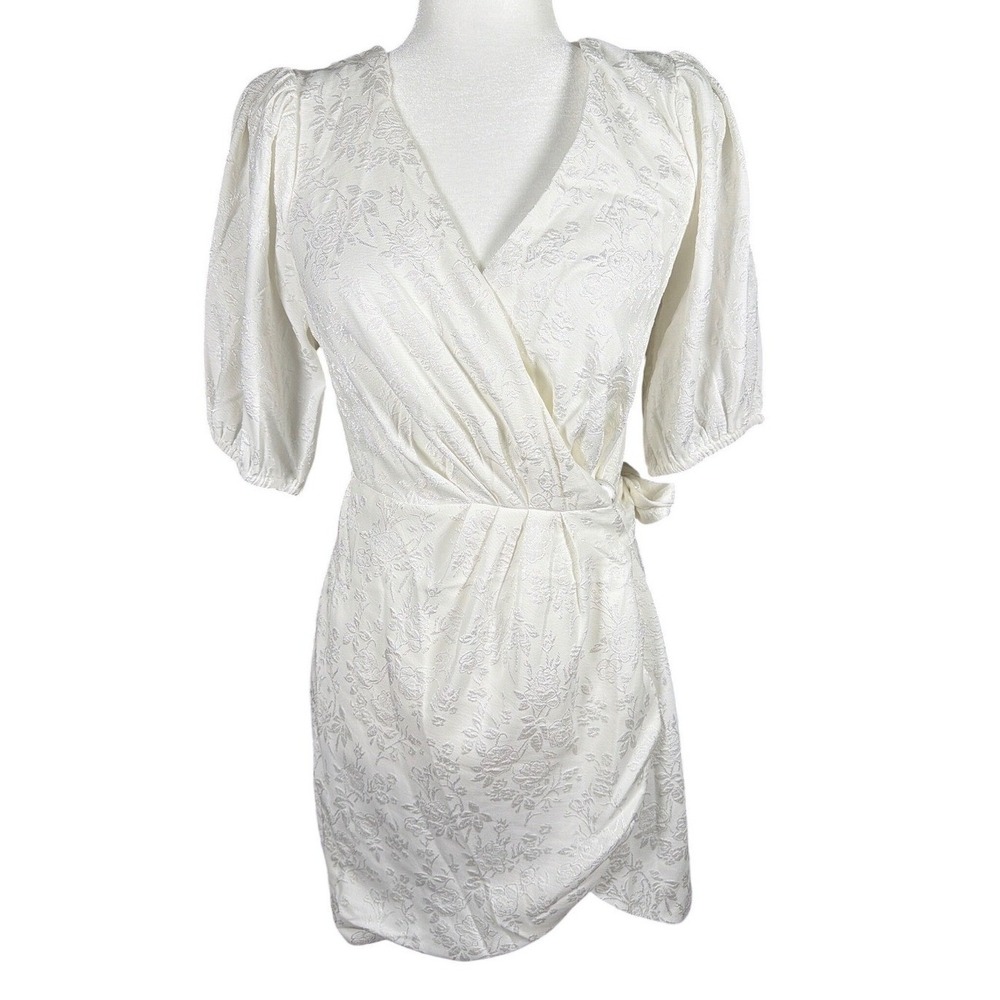 Fashion Nova Mini Dress Womens S Surplice To Meet You Cream Floral Jacquard NEW